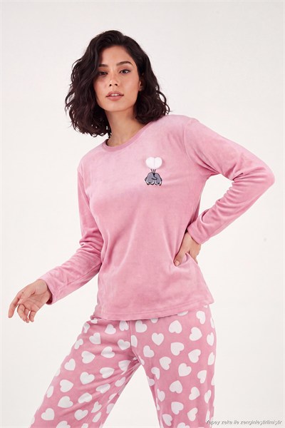 Desenli Yumuşak Dokulu Uzun Kollu Kadın Pijama Takımı 65750155 PUDRA