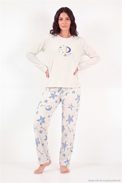 Desenli Yumuşak Dokulu Uzun Kollu Kadın Pijama Takımı 65750155 KREM