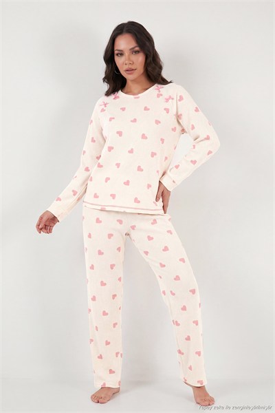 Desenli Yumuşak Dokulu Uzun Kollu Kadın Pijama Takımı 6575020 EKRU