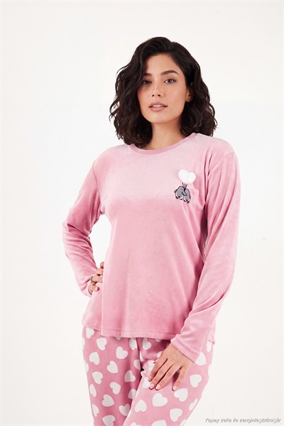Desenli Yumuşak Dokulu Uzun Kollu Kadın Pijama Takımı 65750155 PUDRA