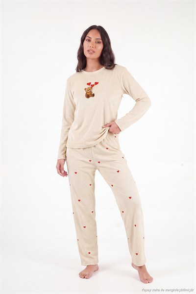Desenli Yumuşak Dokulu Uzun Kollu Kadın Pijama Takımı 65750155 BEJ