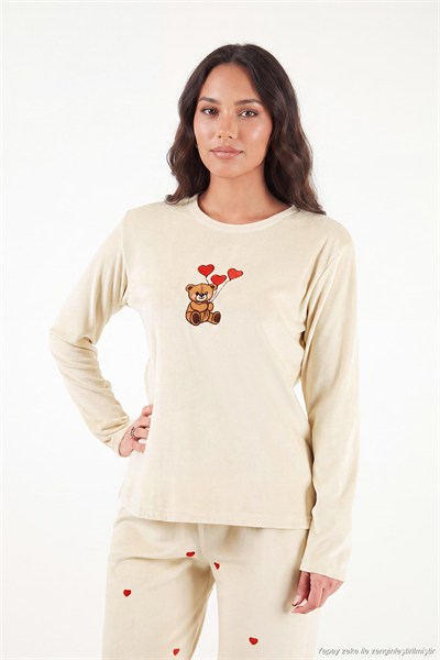 Desenli Yumuşak Dokulu Uzun Kollu Kadın Pijama Takımı 65750155 BEJ
