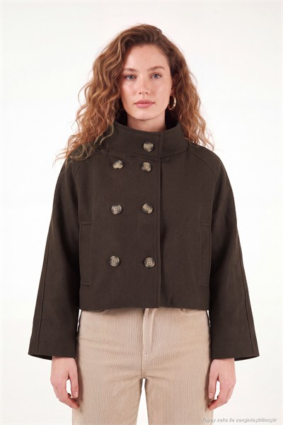 Dik Yaka Düğmeli Kısa Kadın Kaşe Mont 611AW115 KAHVE