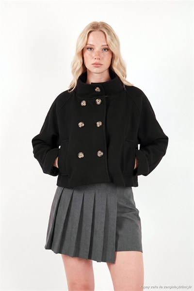 Dik Yaka Düğmeli Kısa Kadın Kaşe Mont 611AW115 SİYAH