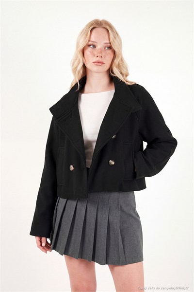 Dik Yaka Düğmeli Kısa Kadın Kaşe Mont 611AW115 SİYAH