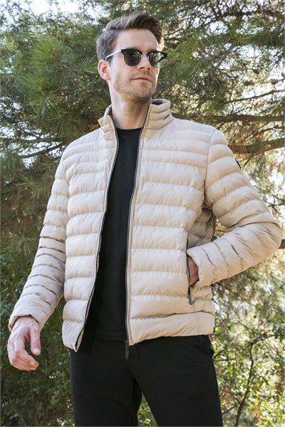 Dik Yaka Fermuarlı Cepli Slim Fit Şişme Erkek Mont 649002 VİZON