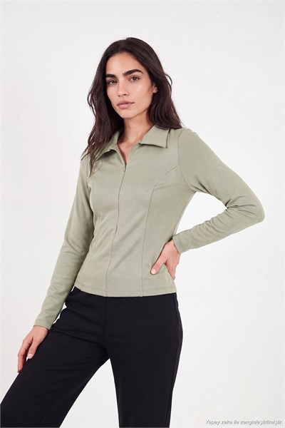 Dikiş Detaylı Yarım Fermuarlı Örme Kadın Bluz 5866643 Olive