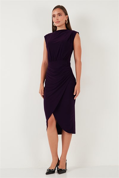 Drape ve Yırtmaç Detaylı Sıfır Yaka Kolsuz Midi Boy Abiye Kadın Elbise 611EL694 MOR