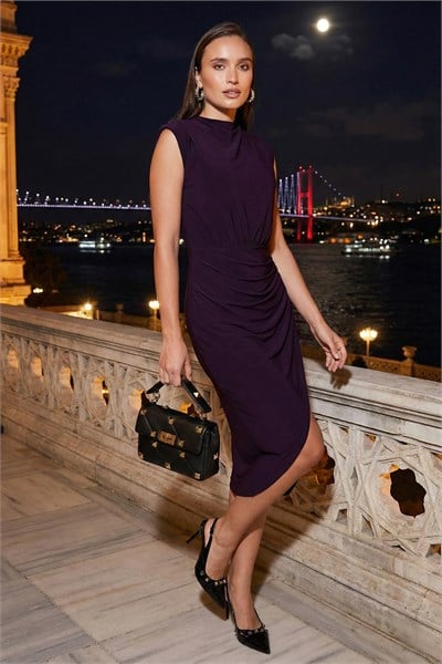 Drape ve Yırtmaç Detaylı Sıfır Yaka Kolsuz Midi Boy Abiye Kadın Elbise 611EL694 MOR