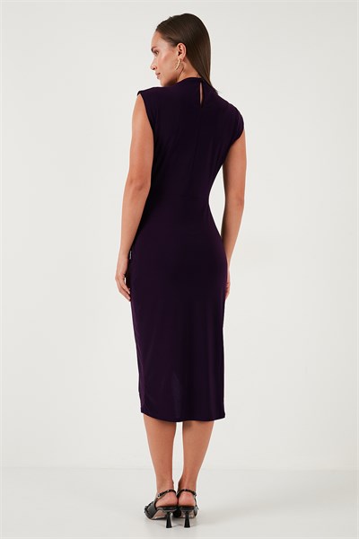 Drape ve Yırtmaç Detaylı Sıfır Yaka Kolsuz Midi Boy Abiye Kadın Elbise 611EL694 MOR