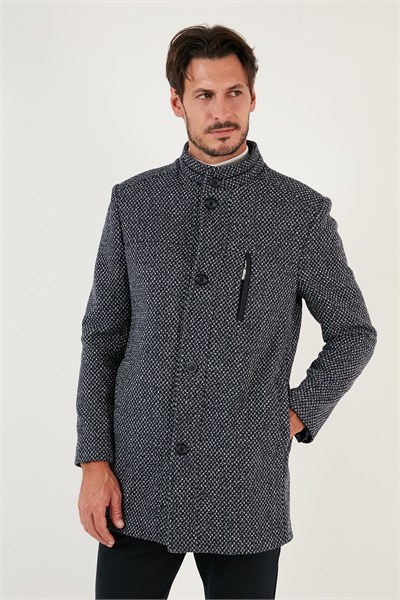 Düğmeli Dik Yaka Kırçıllı Slim Fit Kaşe Erkek Kaban 5841016 Lacivert Noktalı