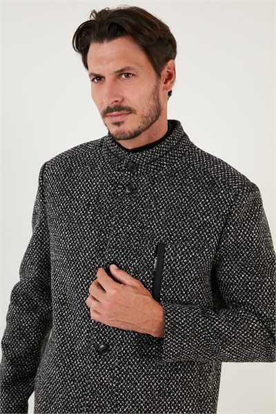 Düğmeli Dik Yaka Kırçıllı Slim Fit Kaşe Erkek Kaban 5841016 Siyah Noktalı
