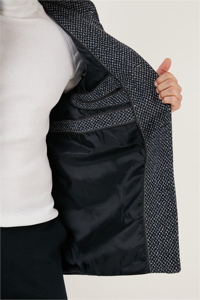 Düğmeli Dik Yaka Kırçıllı Slim Fit Kaşe Erkek Kaban 5841016 Lacivert Noktalı