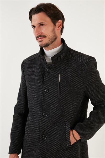Düğmeli Kırçıllı Slim Fit Kaşe Erkek Kaban 5840099N Antrasit Noktalı