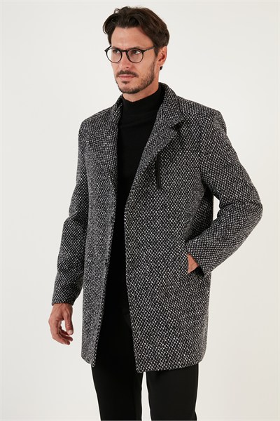Düğmeli Kırçıllı Slim Fit Kaşe Erkek Kaban 5840099N Siyah Noktalı