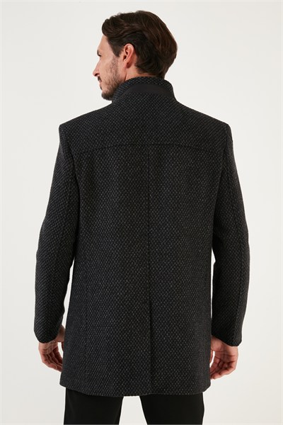 Düğmeli Kırçıllı Slim Fit Kaşe Erkek Kaban 5840099N Antrasit Noktalı