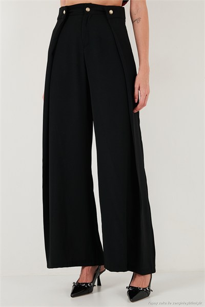 Düğmeli Pile Detaylı Wide Leg Yüksek Bel Geniş Paça Kadın Pantolon 68351133 SİYAH