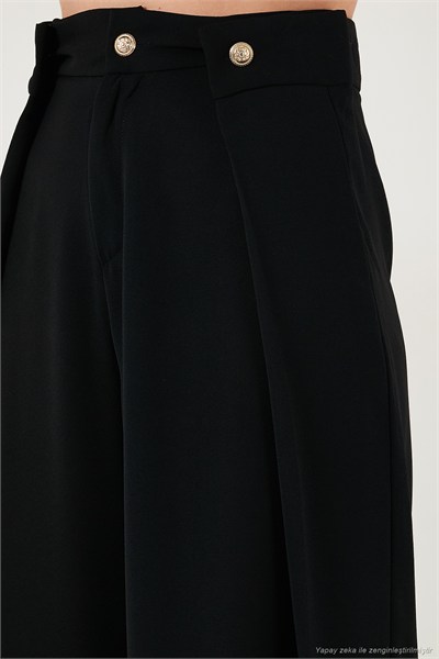 Düğmeli Pile Detaylı Wide Leg Yüksek Bel Geniş Paça Kadın Pantolon 68351133 SİYAH