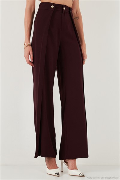 Düğmeli Pile Detaylı Wide Leg Yüksek Bel Geniş Paça Kadın Pantolon 68351133 MÜRDÜM