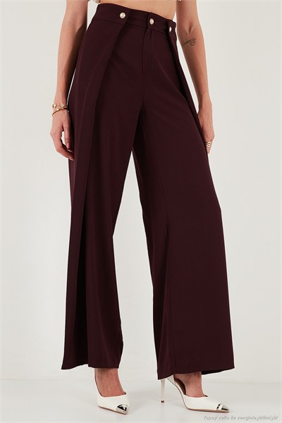 Düğmeli Pile Detaylı Wide Leg Yüksek Bel Geniş Paça Kadın Pantolon 68351133 MÜRDÜM
