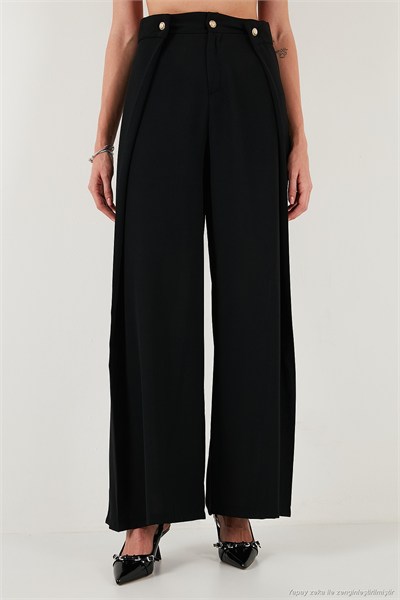 Düğmeli Pile Detaylı Wide Leg Yüksek Bel Geniş Paça Kadın Pantolon 68351133 SİYAH