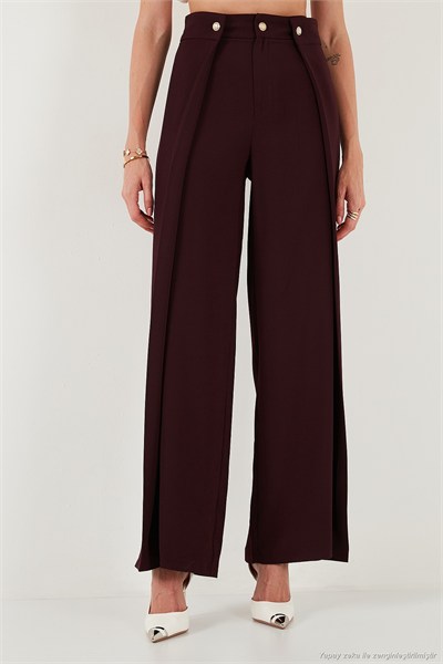 Düğmeli Pile Detaylı Wide Leg Yüksek Bel Geniş Paça Kadın Pantolon 68351133 MÜRDÜM