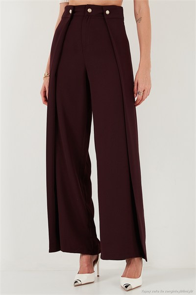 Düğmeli Pile Detaylı Wide Leg Yüksek Bel Geniş Paça Kadın Pantolon 68351133 MÜRDÜM