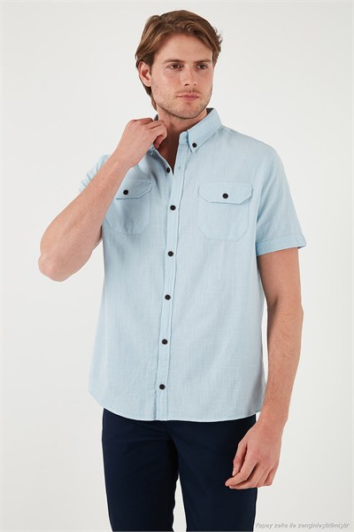 Düğmeli Yaka Pamuklu Slim Fit Cepli Erkek Gömlek CF21S111153 AÇIK MAVİ