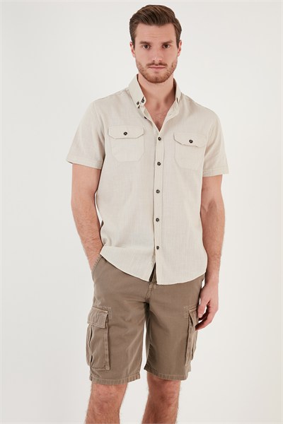 Düğmeli Yaka Pamuklu Slim Fit Cepli Erkek Gömlek CF21S111153 TAŞ