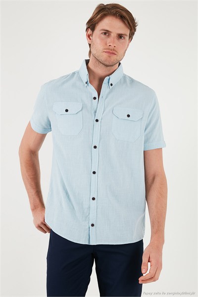 Düğmeli Yaka Pamuklu Slim Fit Cepli Erkek Gömlek CF21S111153 AÇIK MAVİ