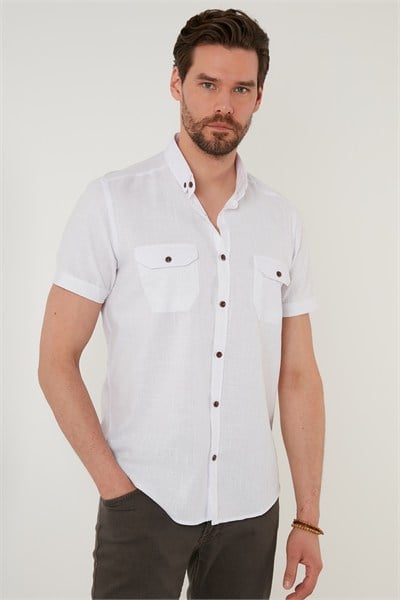 Düğmeli Yaka Pamuklu Slim Fit Cepli Erkek Gömlek CF21S111153 BEYAZ