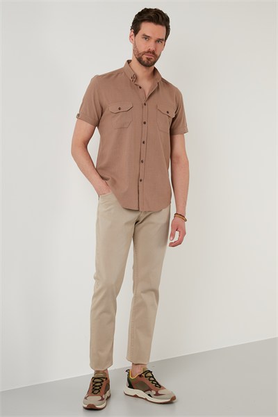 Düğmeli Yaka Pamuklu Slim Fit Cepli Erkek Gömlek CF21S111153 TOPRAK
