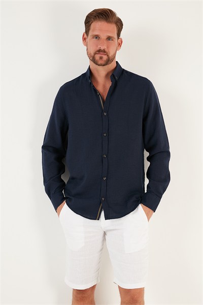 Düğmeli Yaka Uzun Kollu Regular Fit Erkek Gömlek CF23S116777 LACİVERT