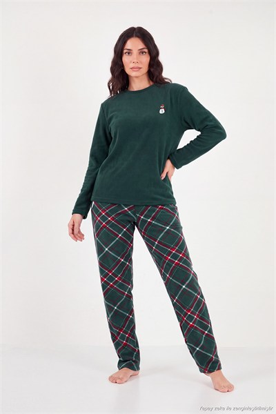 Ekose Desenli Bisiklet Yaka Yumuşak Polar Kadın Pijama Takımı 6097059K NEFTİ