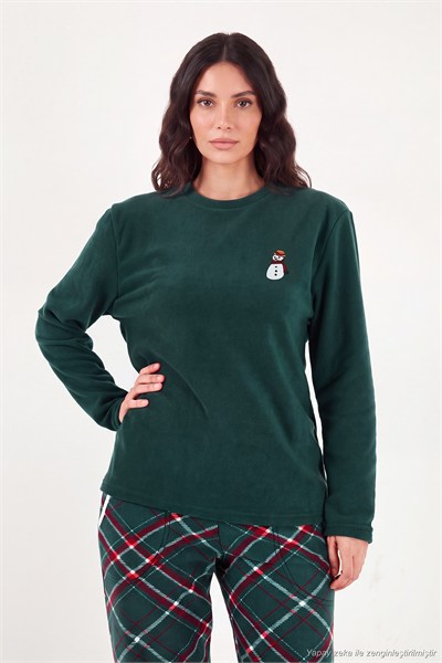 Ekose Desenli Bisiklet Yaka Yumuşak Polar Kadın Pijama Takımı 6097059K NEFTİ
