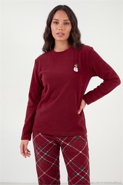 Ekose Desenli Bisiklet Yaka Yumuşak Polar Kadın Pijama Takımı 6097059K BORDO