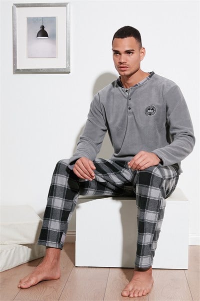 Ekose Regular Fit Bisiklet Yaka Kışlık Polar Erkek Pijama Takımı 609610013W4 GRİ