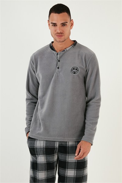 Ekose Regular Fit Bisiklet Yaka Kışlık Polar Erkek Pijama Takımı 609610013W4 GRİ