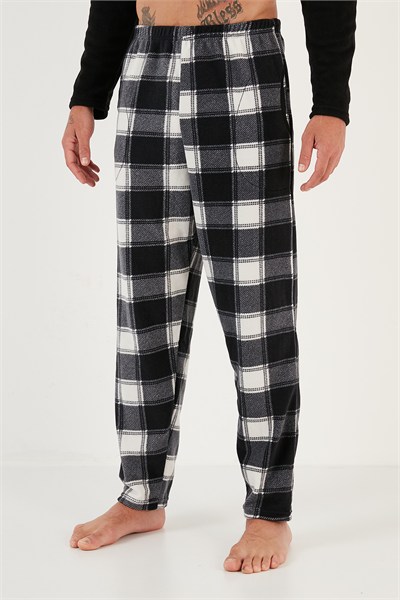 Ekose Regular Fit Bisiklet Yaka Kışlık Polar Erkek Pijama Takımı 609610013W4 SİYAH-BEYAZ