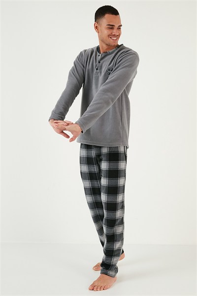 Ekose Regular Fit Bisiklet Yaka Kışlık Polar Erkek Pijama Takımı 609610013W4 GRİ