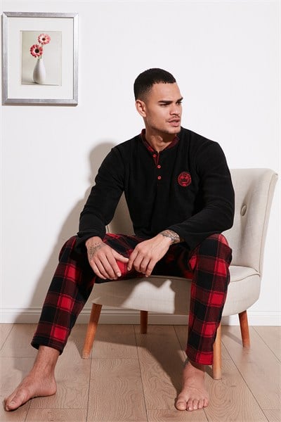 Ekose Regular Fit Bisiklet Yaka Kışlık Polar Erkek Pijama Takımı 609610013W4 SİYAH-KIRMIZI