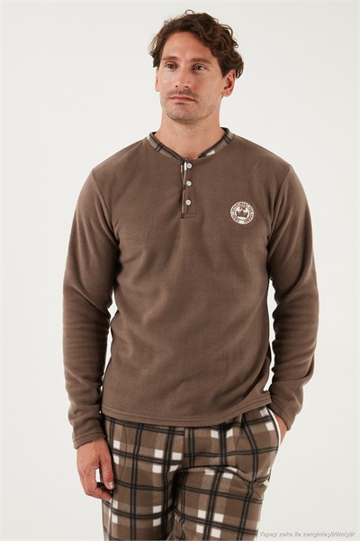 Ekose Regular Fit Bisiklet Yaka Kışlık Polar Erkek Pijama Takımı 609610013W4 CAMEL