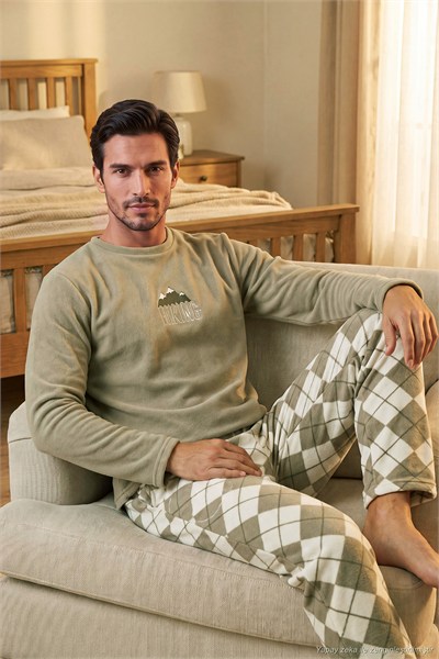 Ekoseli Bisiklet Yaka Yumuşak Dokulu Polar Erkek Pijama Takımı 6097064 GRİ