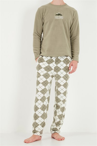 Ekoseli Bisiklet Yaka Yumuşak Dokulu Polar Erkek Pijama Takımı 6097064 GRİ