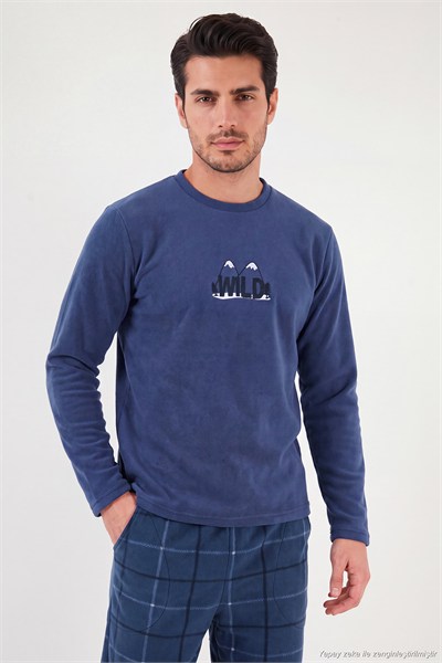 Ekoseli Bisiklet Yaka Yumuşak Dokulu Polar Erkek Pijama Takımı 6097064 İNDİGO