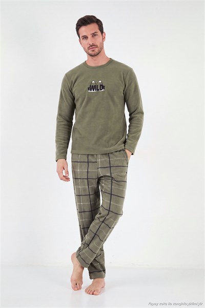 Ekoseli Bisiklet Yaka Yumuşak Dokulu Polar Erkek Pijama Takımı 6097064 HAKİ