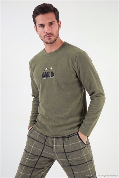 Ekoseli Bisiklet Yaka Yumuşak Dokulu Polar Erkek Pijama Takımı 6097064 HAKİ