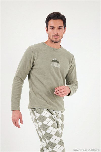 Ekoseli Bisiklet Yaka Yumuşak Dokulu Polar Erkek Pijama Takımı 6097064 GRİ