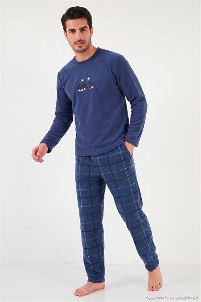 Ekoseli Bisiklet Yaka Yumuşak Dokulu Polar Erkek Pijama Takımı 6097064 İNDİGO