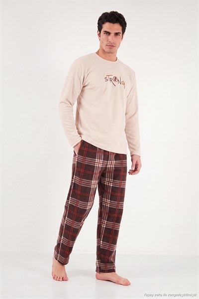 Ekoseli Bisiklet Yaka Yumuşak Dokulu Polar Erkek Pijama Takımı 6097000 BEJ